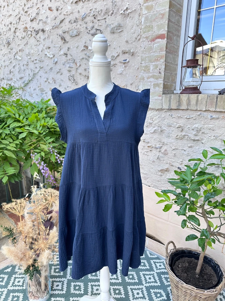 Robe en gaze de coton bleu marine